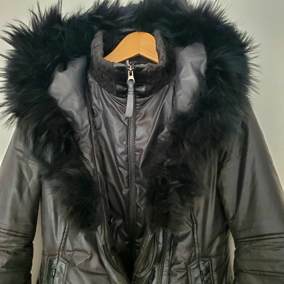 Mackage Black Nylon Double Zip Hood Lined Parka With Black Fur Collar S - Picture 4 of 10